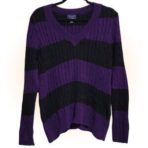 VINTAGE BLACK & PURPLE STRIPED CABLE KNIT WOMEN'S COTTON SWEATER JUMPER EUC L